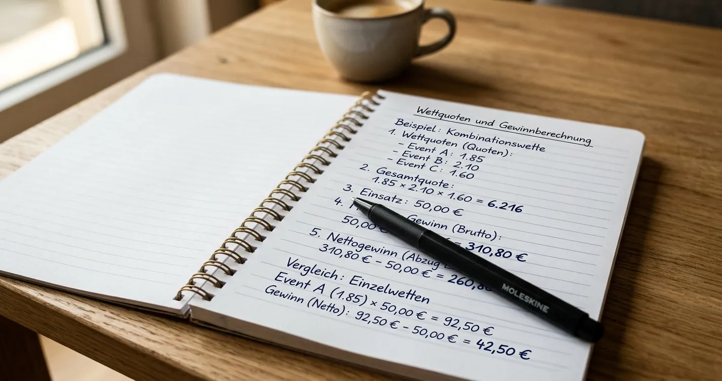 Notizbuch mit handgeschriebener Umsatzberechnung und Stift daneben