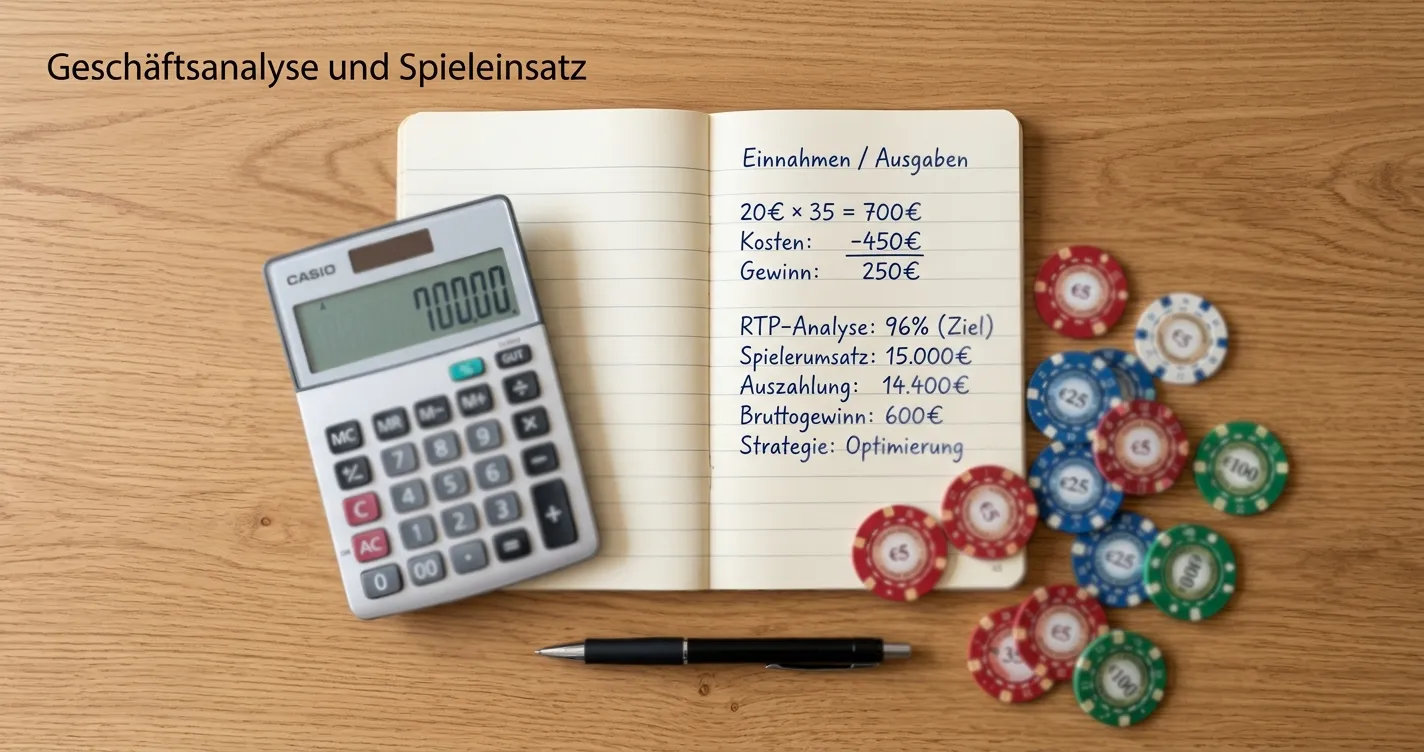 Taschenrechner, Notizblock mit Umsatzberechnung und Spielchips auf einem Schreibtisch