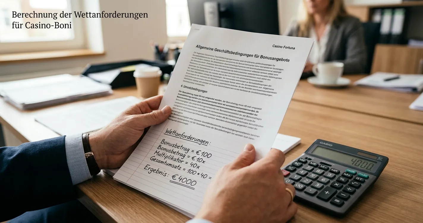 Nahaufnahme von Bonusbedingungen-Dokument mit Taschenrechner