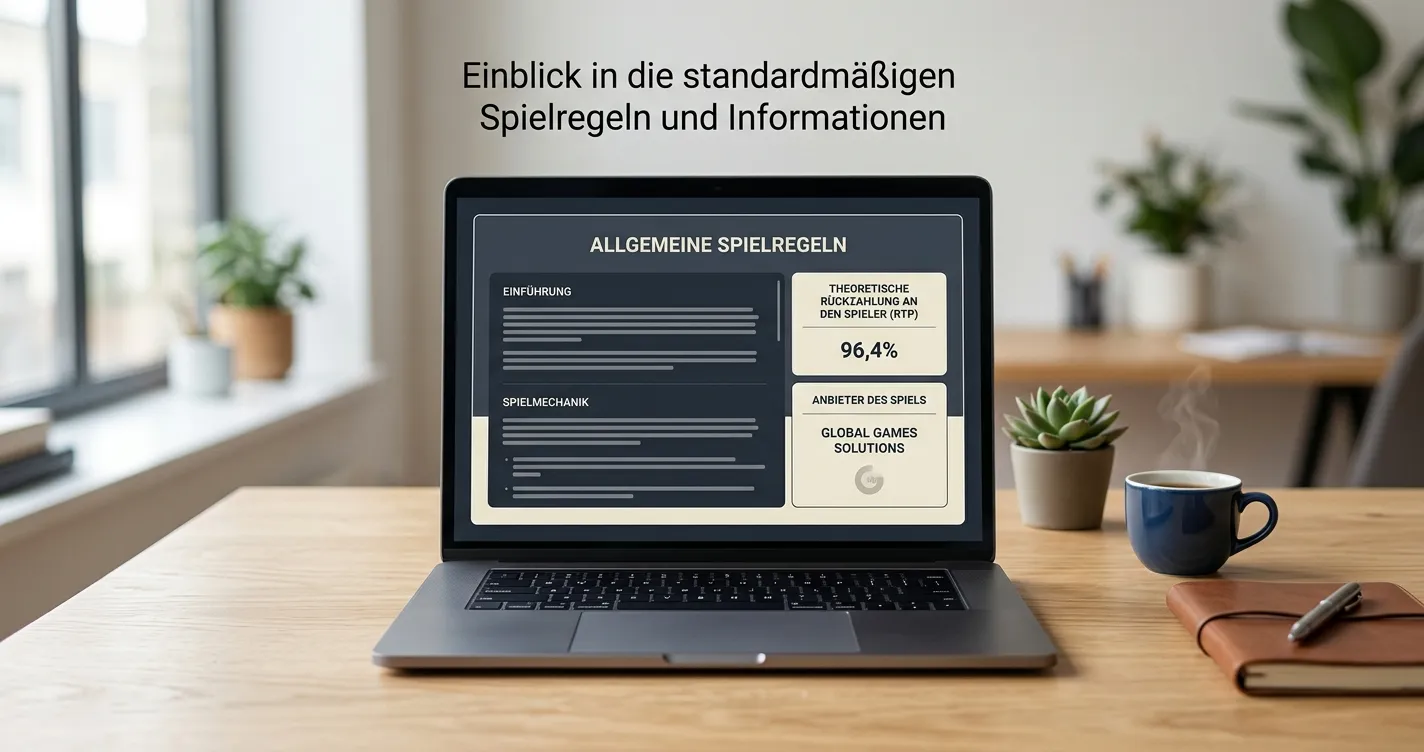 Laptop mit neutraler Spielregelansicht und RTP-Hinweisen