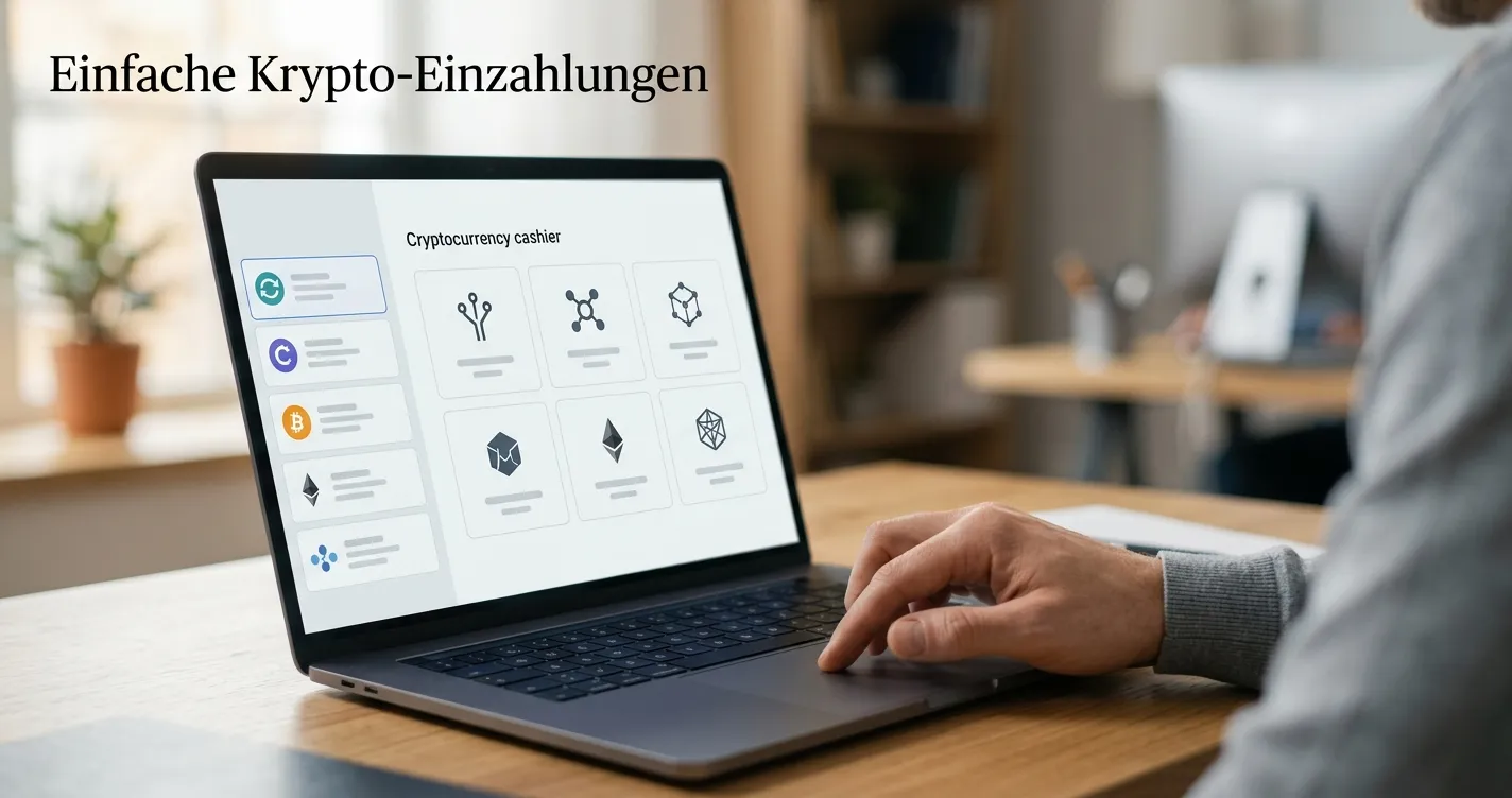 Laptop mit neutraler Casino-Kasse und Auswahl für Kryptowährungen