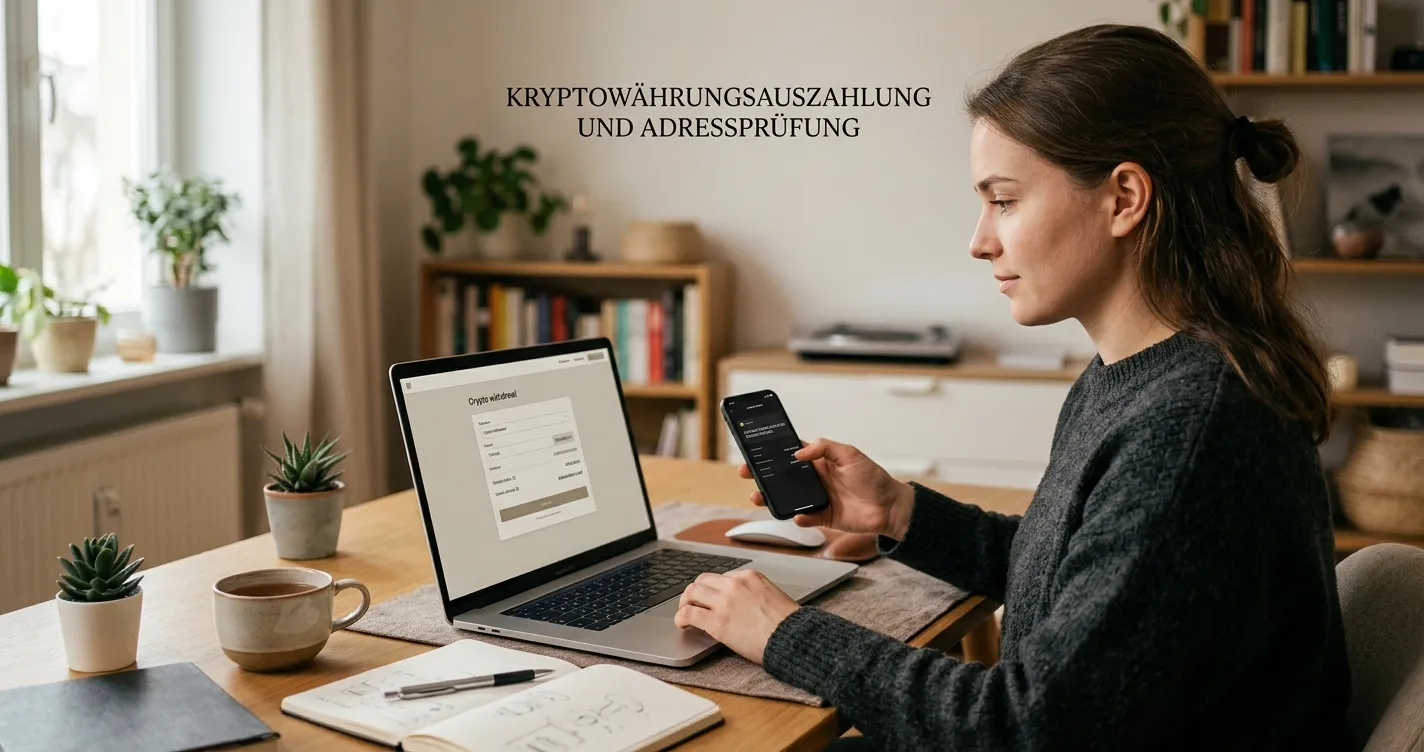 Person prüft eine Krypto-Auszahlung mit Wallet-Adresse und Notizblock