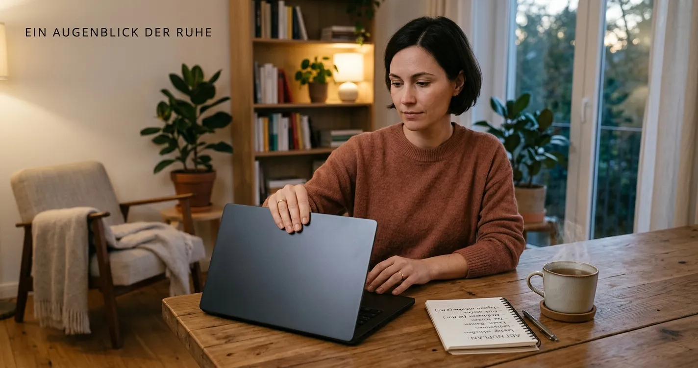 Ruhige Szene mit Person am Laptop und bewusst gesetztem Spielbudget als Zeichen für verantwortungsvolles Spielen
