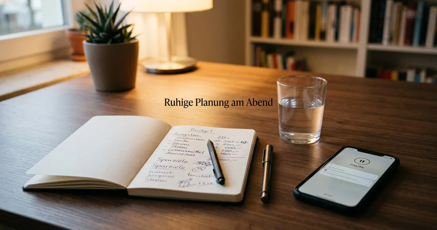 Ruhiger Arbeitsplatz mit Budgetnotiz und Pause-Hinweis