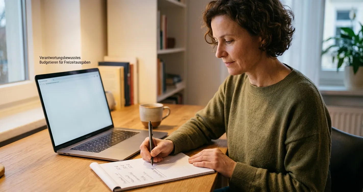 Person notiert ein festes Spielbudget neben einem neutralen Laptop