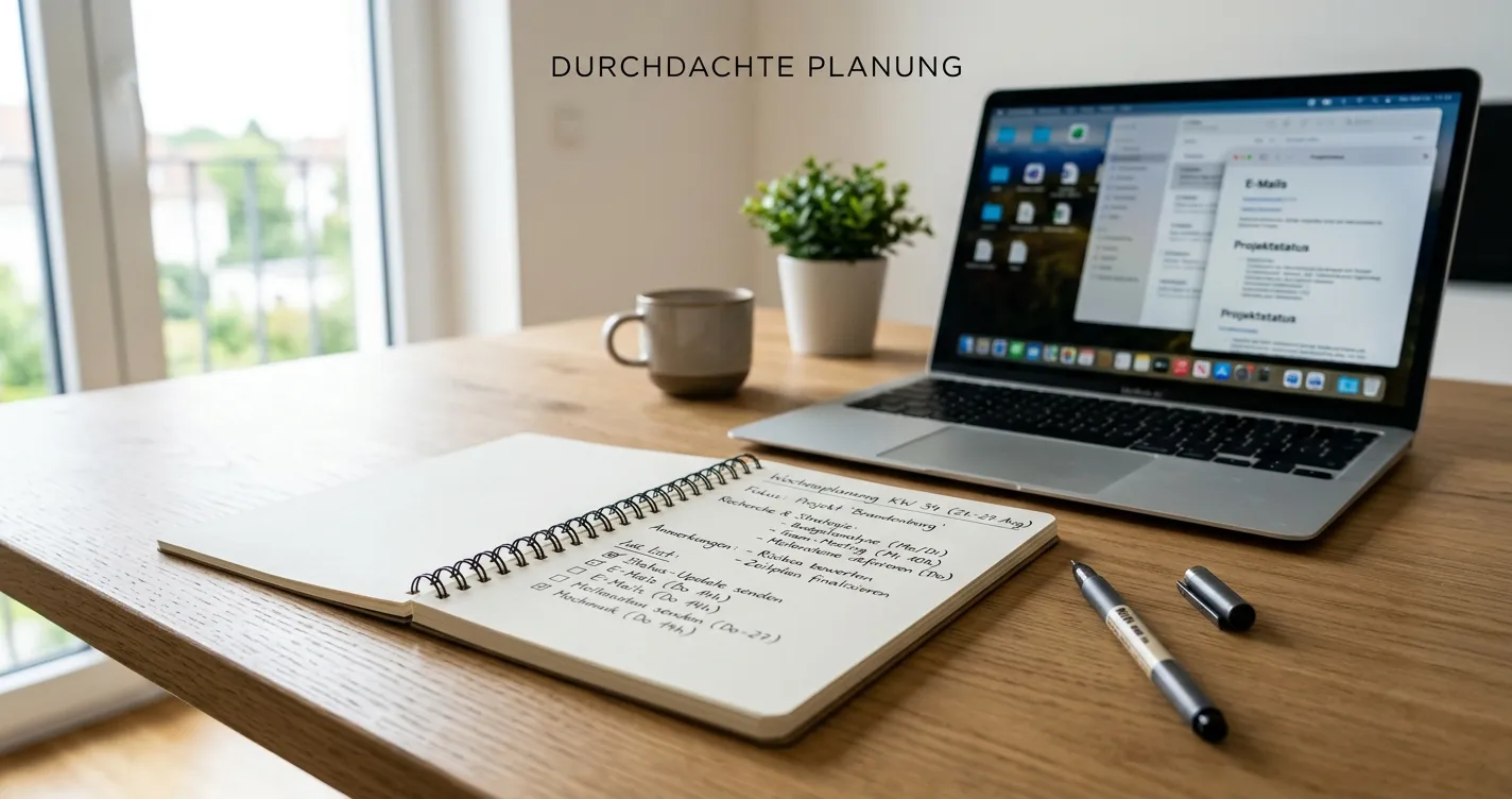 Ruhiger Schreibtisch mit Notizblock und Stift, im Hintergrund verschwommener Laptop