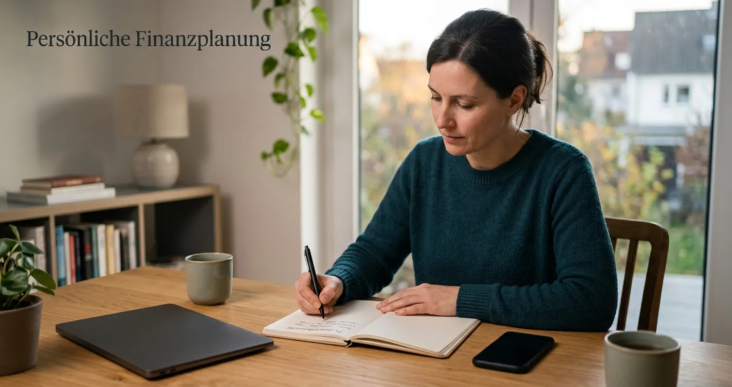 Person an ruhigem Schreibtisch mit persönlicher Spielpause und Budgetnotiz