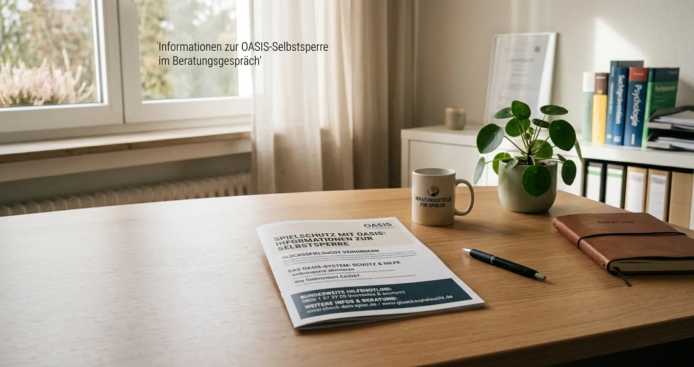 Ruhige Büroatmosphäre mit OASIS-Informationsbroschüre auf Schreibtisch