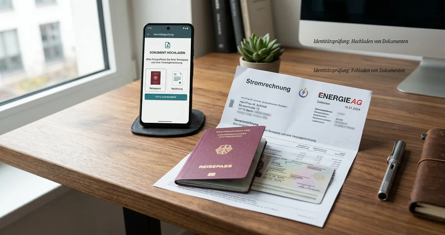 Verifizierungsdokumente auf Schreibtisch mit Smartphone für Upload