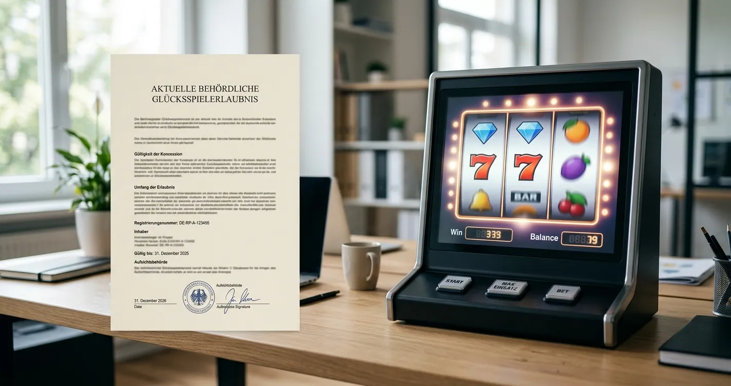 Neutrale Spielautomaten-Silhouette neben einem sachlichen deutschen Erlaubnisdokument