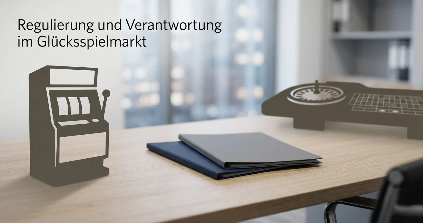 Getrennte neutrale Darstellungen von Spielautomaten und Roulette-Silhouette auf einem Schreibtisch