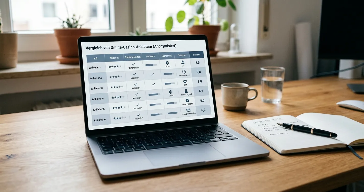 Neutraler Vergleich von sechs Online-Casino-Anbietern auf einem Laptop