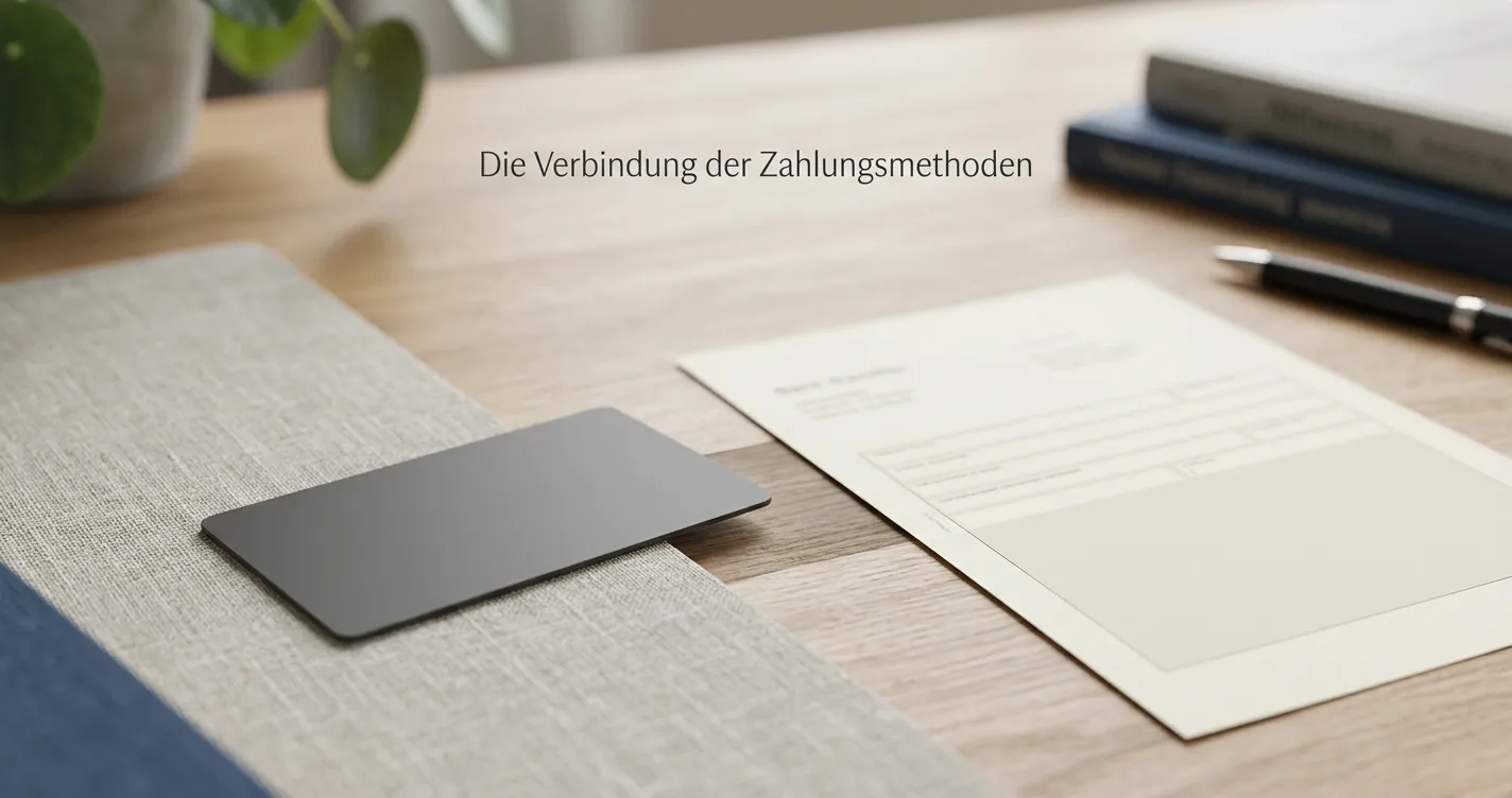 Neutrale Darstellung von Kartenauszahlung und Banküberweisung auf einem Schreibtisch