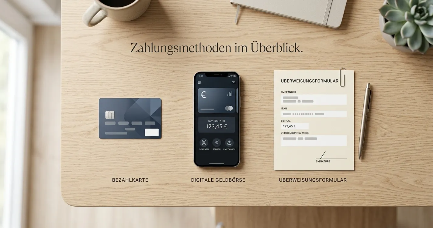 Neutrale Symbole für Karte, E-Wallet und Banküberweisung auf einem Schreibtisch