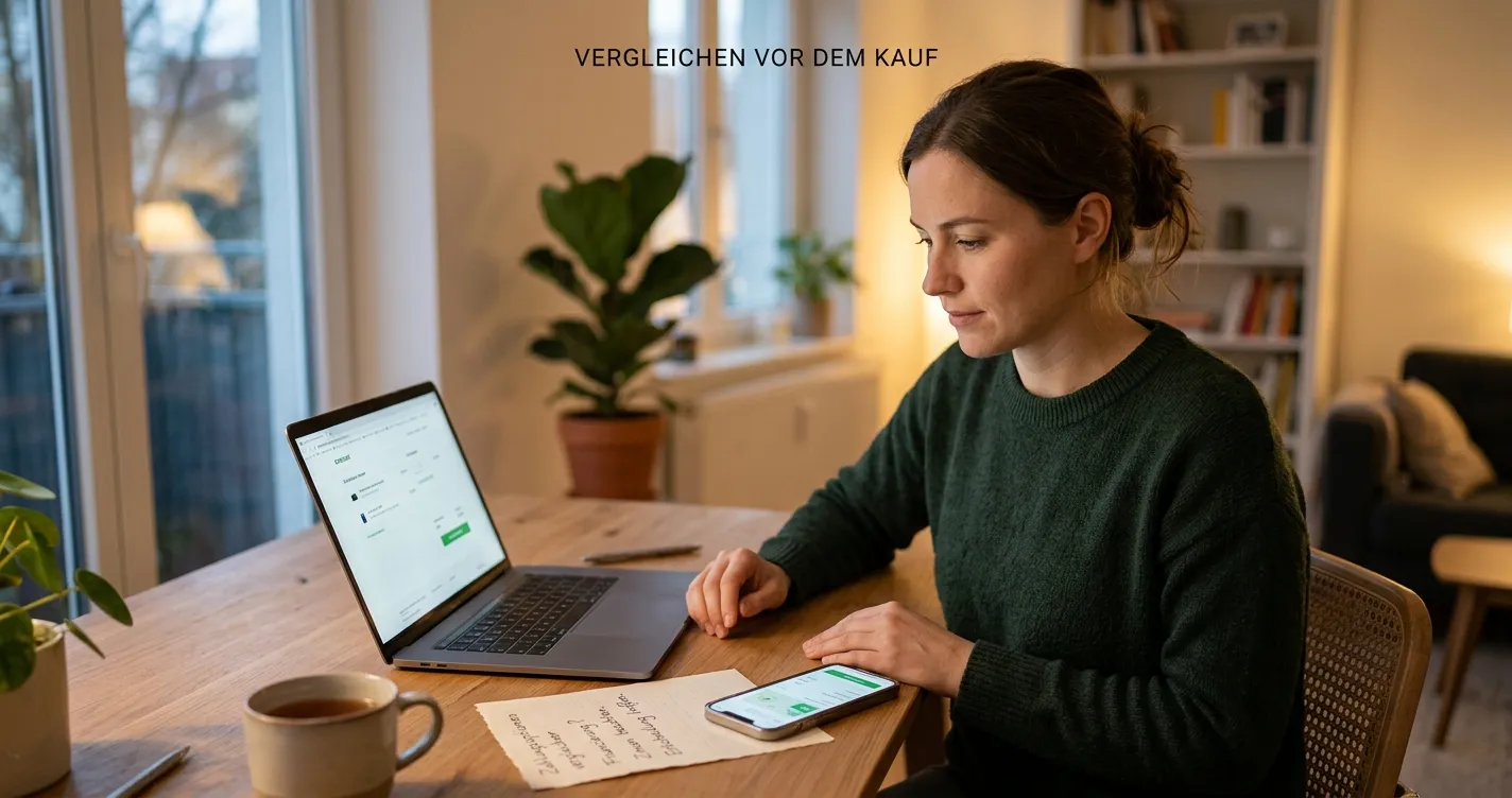 Neutrale Entscheidungsszene mit Laptop, Bank-App und Lizenznotiz
