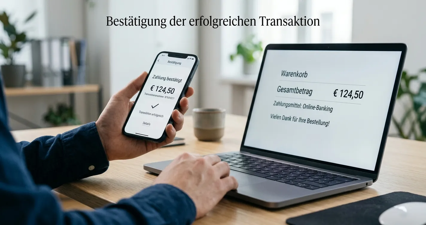 Person prüft Betrag und Empfänger einer neutralen Banking-Bestätigung