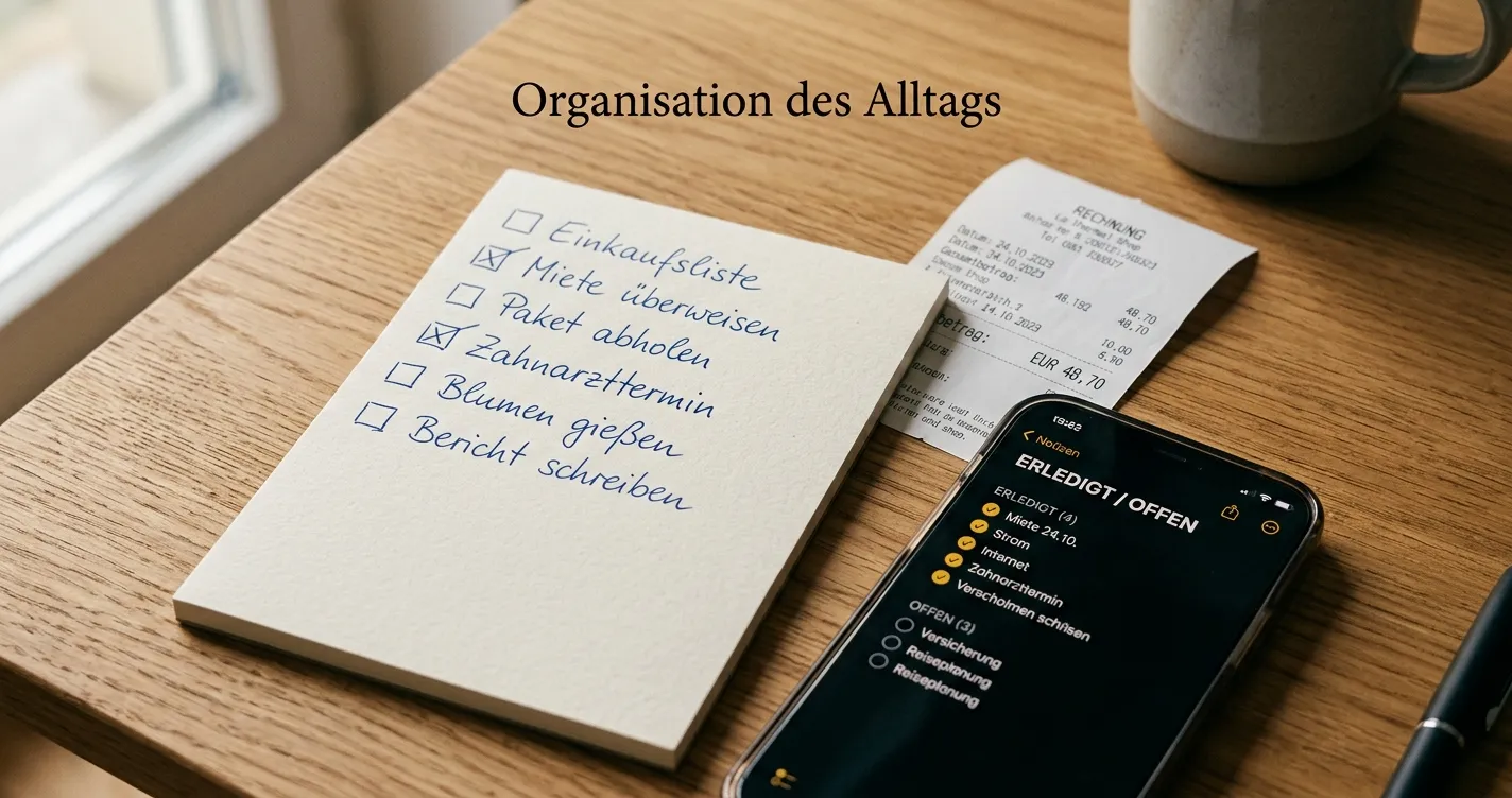 Handschriftliche Checkliste neben einem neutralen Zahlungsbeleg