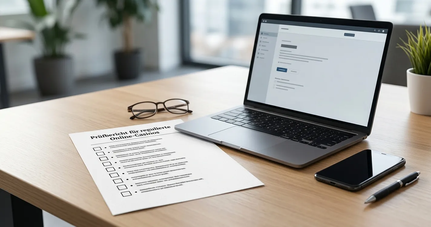 Checkliste für Domain, Erlaubnisart und Zahlungsmethode auf einem neutralen Schreibtisch