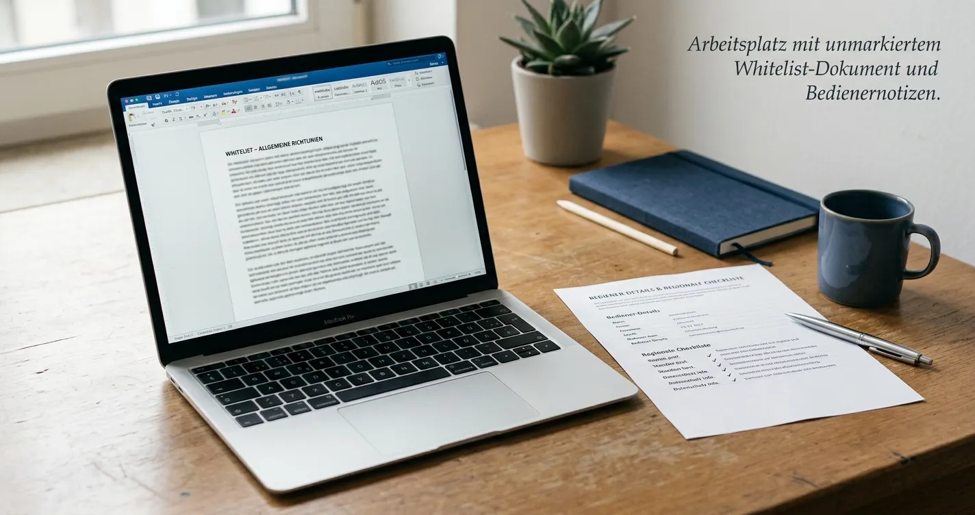 Neutraler Laptop mit Whitelist, Anbieterangaben und regionaler Prüfliste ohne Logos