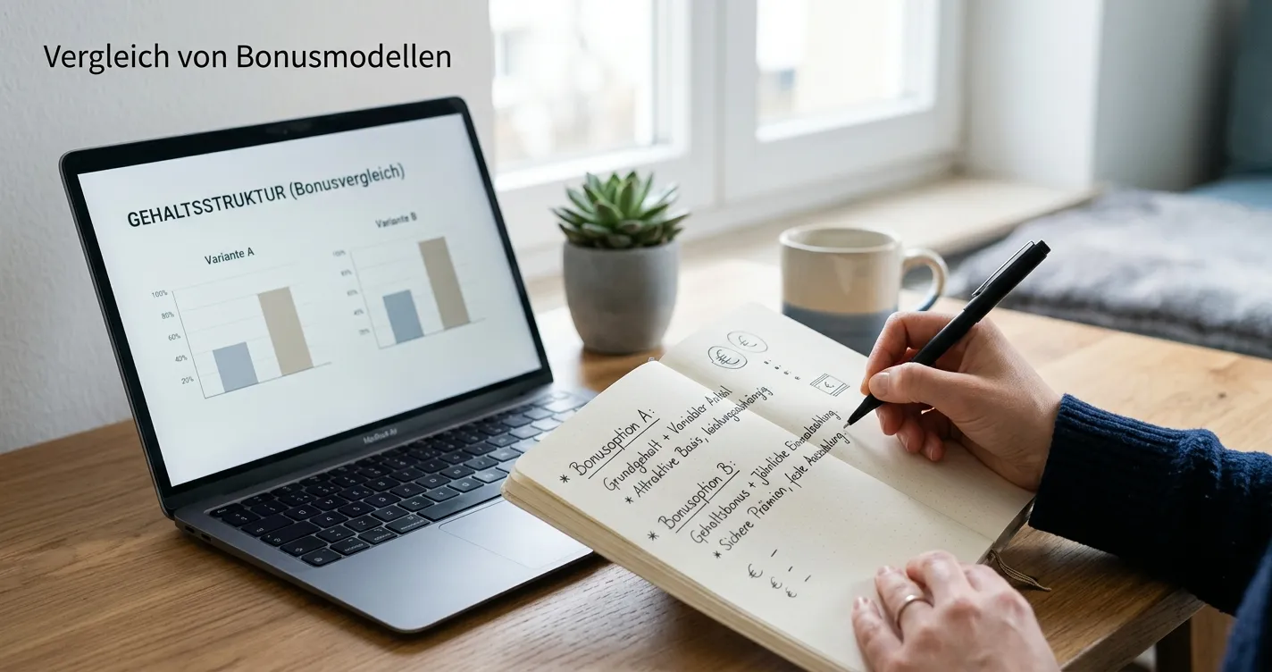 Hand mit Notizbuch neben einer übersichtlichen Bonusberechnung ohne Marken