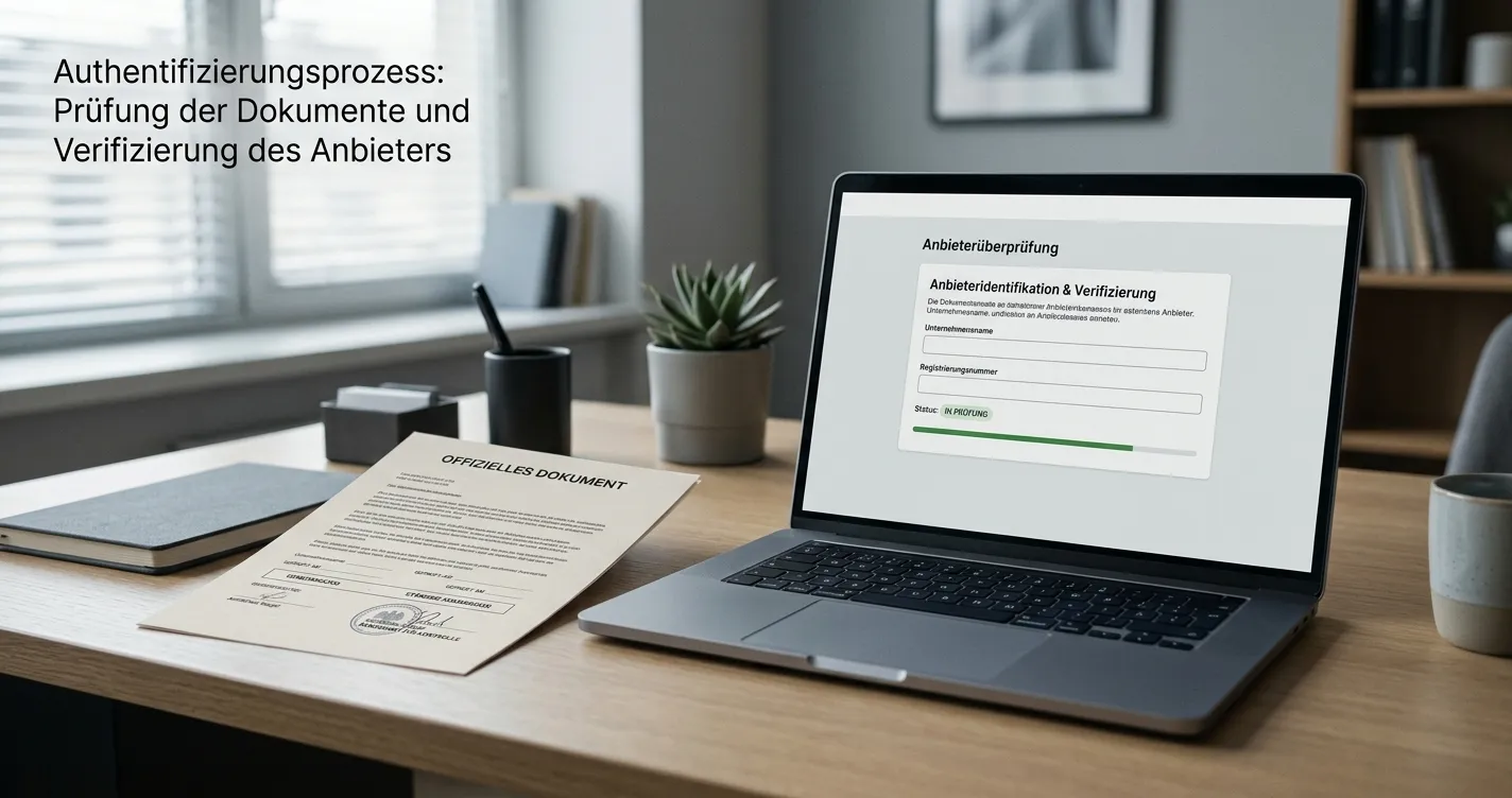 Neutrales deutsches Erlaubnisdokument neben Laptop mit Anbieterprüfung