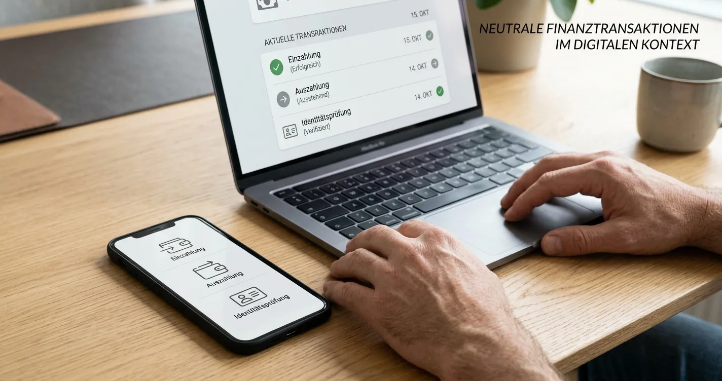 Smartphone neben neutralen Symbolen für Einzahlung, Auszahlung und Identitätsprüfung