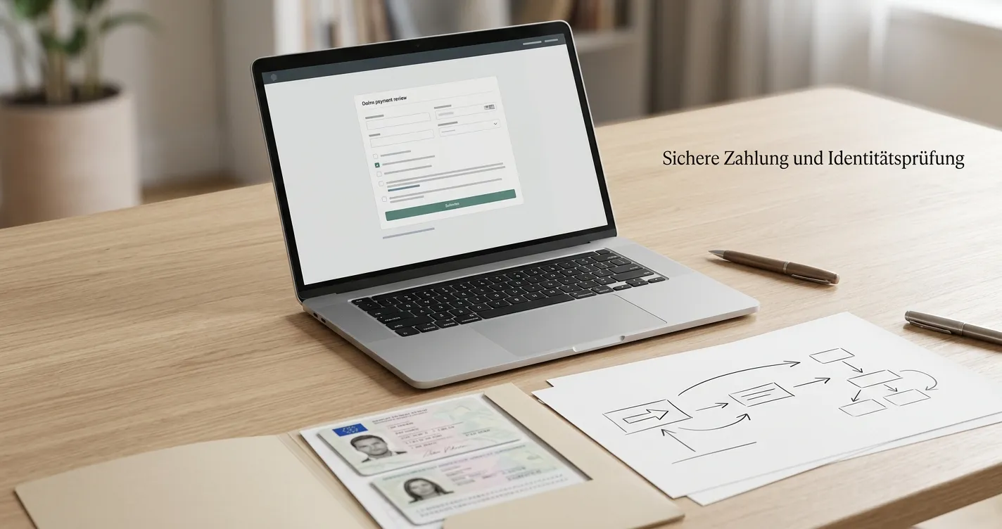 Neutrale Zahlungsmethoden und Prüfhinweise auf einem Laptop ohne Markenlogos