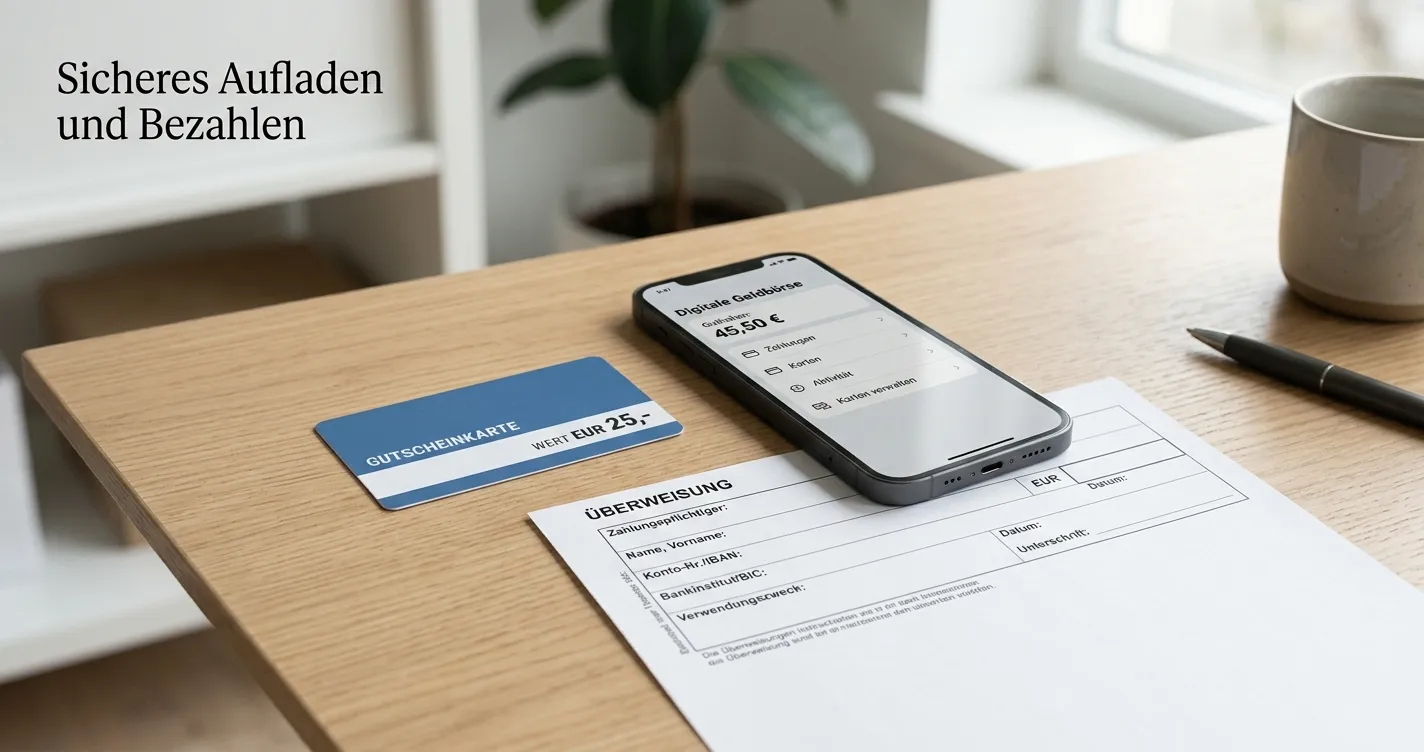 Neutrale Zahlungsübersicht mit Prepaid-Gutschein, E-Wallet und Banküberweisung