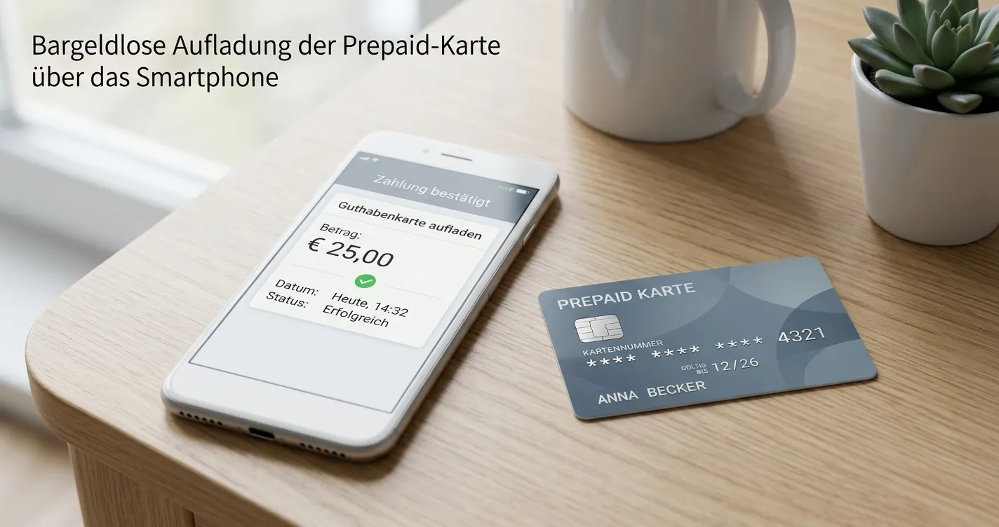 Prepaid-Karte und Smartphone mit neutraler Zahlungsansicht für eine Einzahlung ab 10 Euro