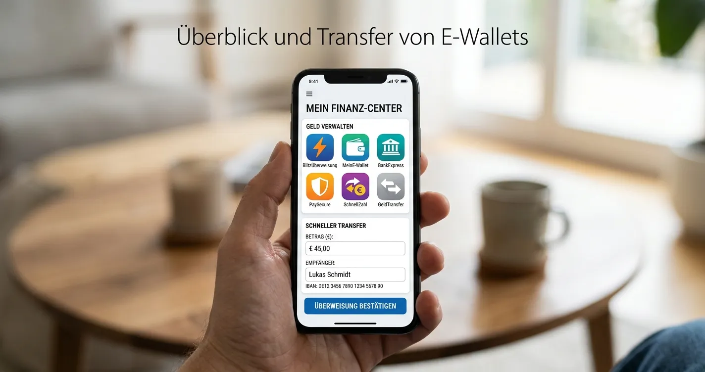 Smartphone mit verschiedenen E-Wallet-Apps und Banküberweisung-Interface