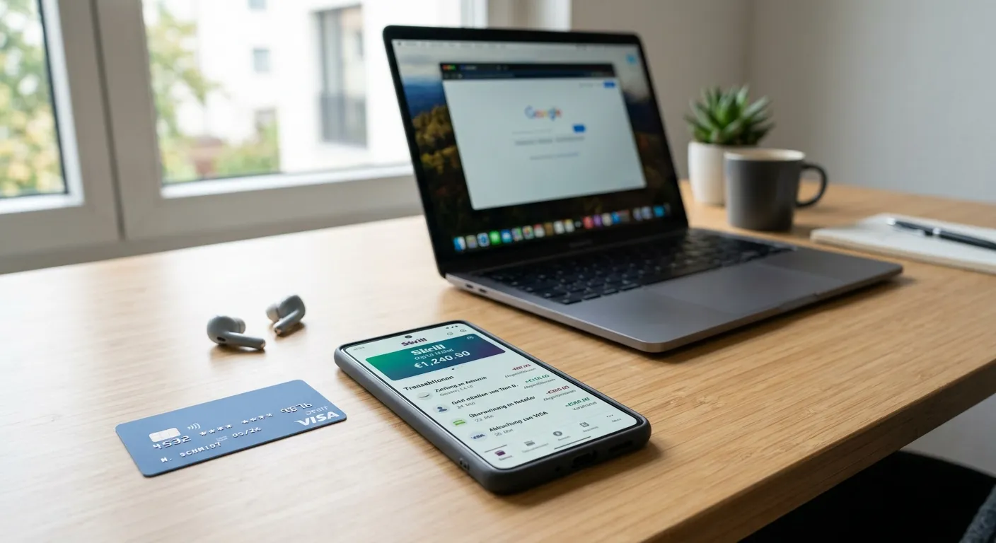 Smartphone mit E-Wallet-App und Bankkarte auf einem Tisch neben Laptop