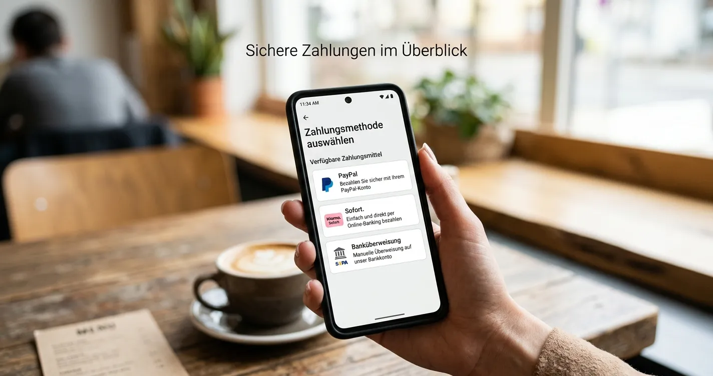 Zahlungsmethoden-Übersicht mit Sofort, PayPal, Banküberweisung auf Smartphone