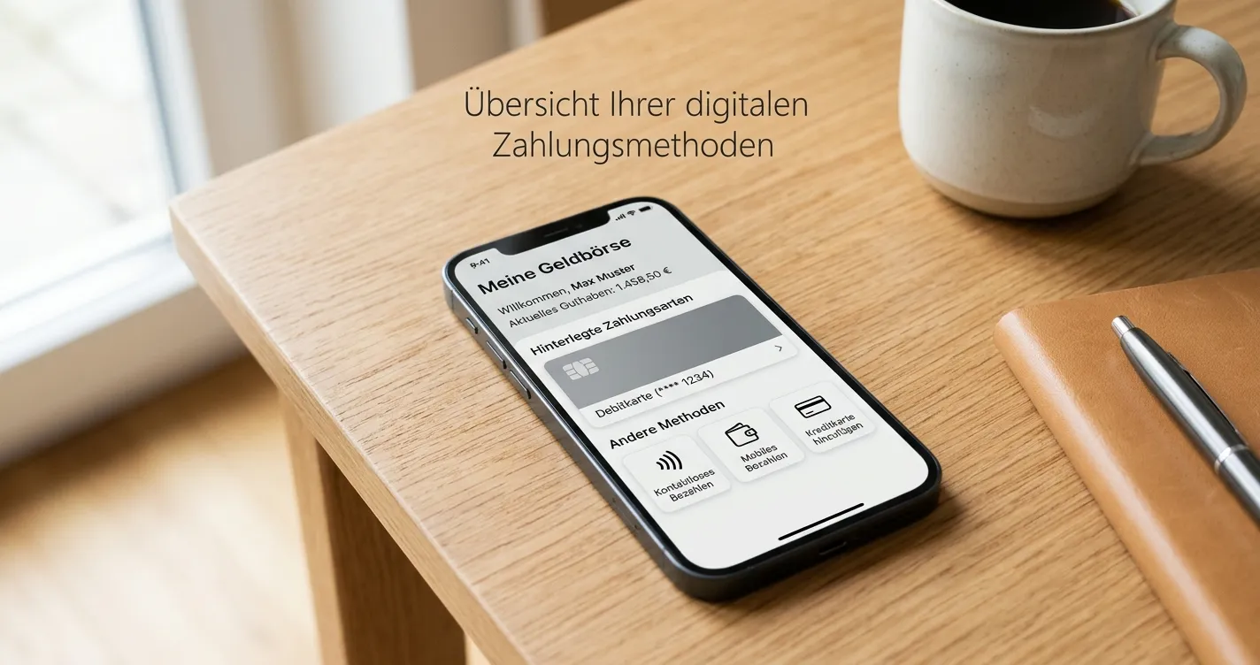 Smartphone mit Banking-App-Interface und mehreren Zahlungsmethoden-Icons auf dem Bildschirm