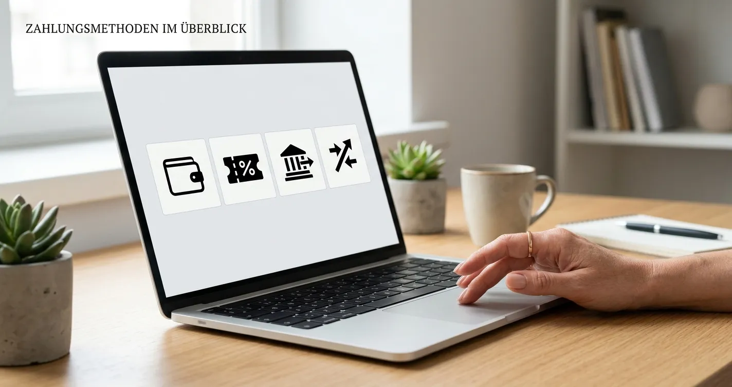 Laptop mit neutralen Symbolen für PayPal, Paysafecard, Skrill und Bankzahlung ohne Markenlogos