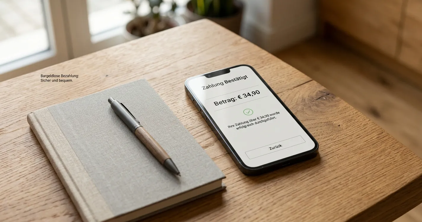 Smartphone mit neutraler Zahlungsübersicht neben einem Notizbuch auf einem Tisch