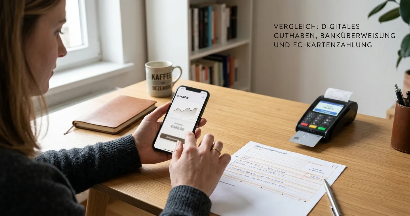 Person prüft E-Wallet, Banküberweisung und Kartenzahlung auf neutralen Zahlungsunterlagen